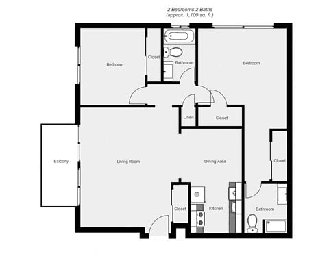 Floor plan for 2 beds, 2 baths, 1100 sqft